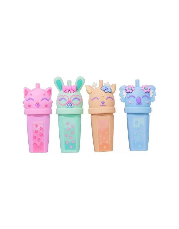 Four Smiggle Bubble Time Scented Highlighters in pastel animal designs including a pink cat, mint green bunny, peach deer, and blue koala